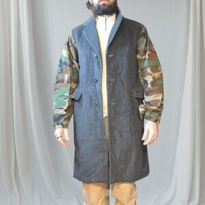 VTG Abraham‎ Straus Men L Wool Cashmere Camo Sleeve Overcoat Gray 38L Distressed